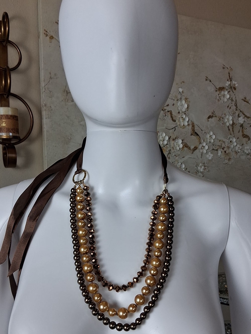 Women's Elegant Brown And Gold Faux Pearl Multi-Strand Statement Necklace - Picture 13 of 14
